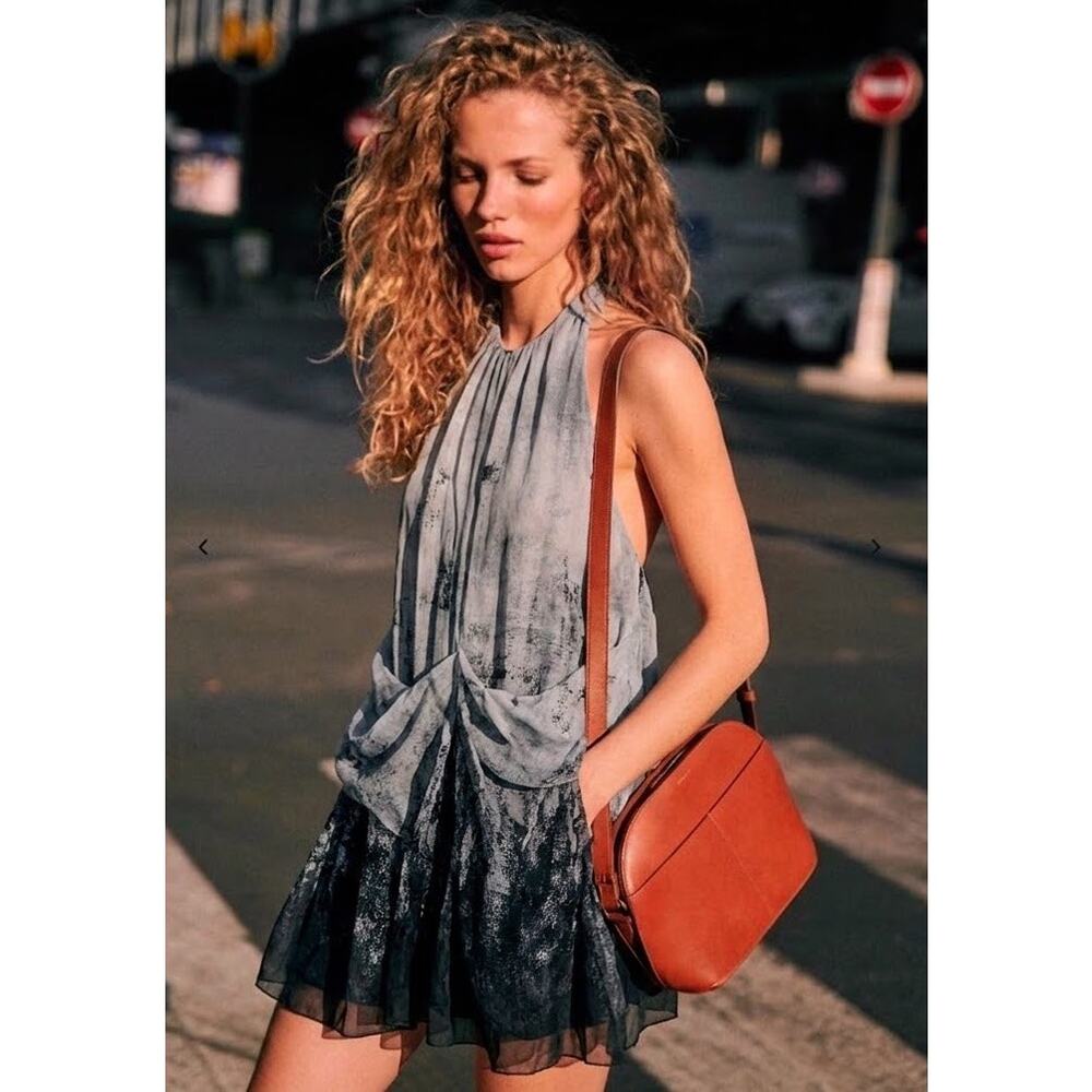 LEON MAX Limited Edition 100% Silk Ombré Halter Draped Cocktail Dress Sz M 🌪️